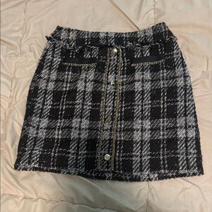 Cache Black and White Tweed Mini Skirt with gold chains